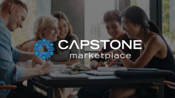 Group of students collaborating at a table with overlay of Capstone Marketplace logo