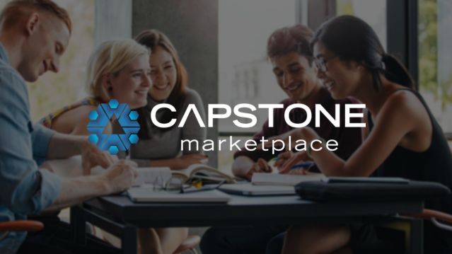 Group of students collaborating at a table with overlay of Capstone Marketplace logo